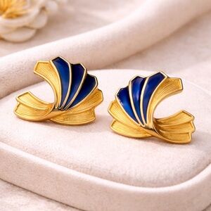 Vintage 1980s Avon Gold Tone Blue Enamel Fan Earrings Art Deco Style